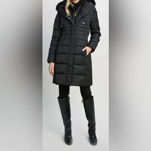 Tahari long puffer coat with fur hood